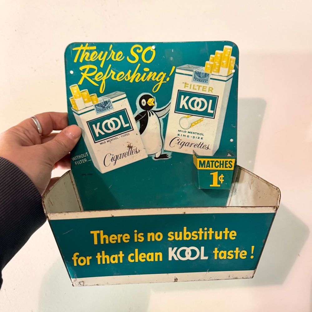 Vintage 1952 KOOL Cigarettes Tin Store Display Willie Penguin Match Holder